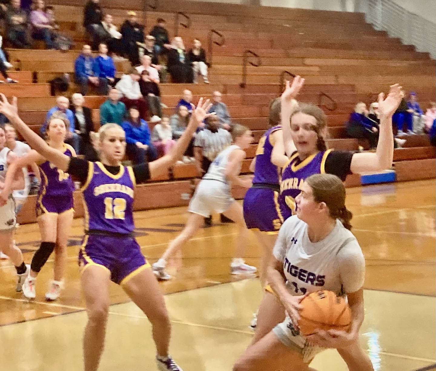 Princeton's Makayla Hecht controls the ball against Sherrard Saturday afternoon. The Tigresses won 55-45.