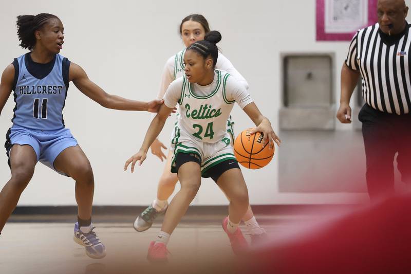Providence’s Nina Herron works the ball against Hillcrest in the Class 3A Hillcrest Sectional championship game on Thursday, Feb. 26, 2026 in Hillcrest.