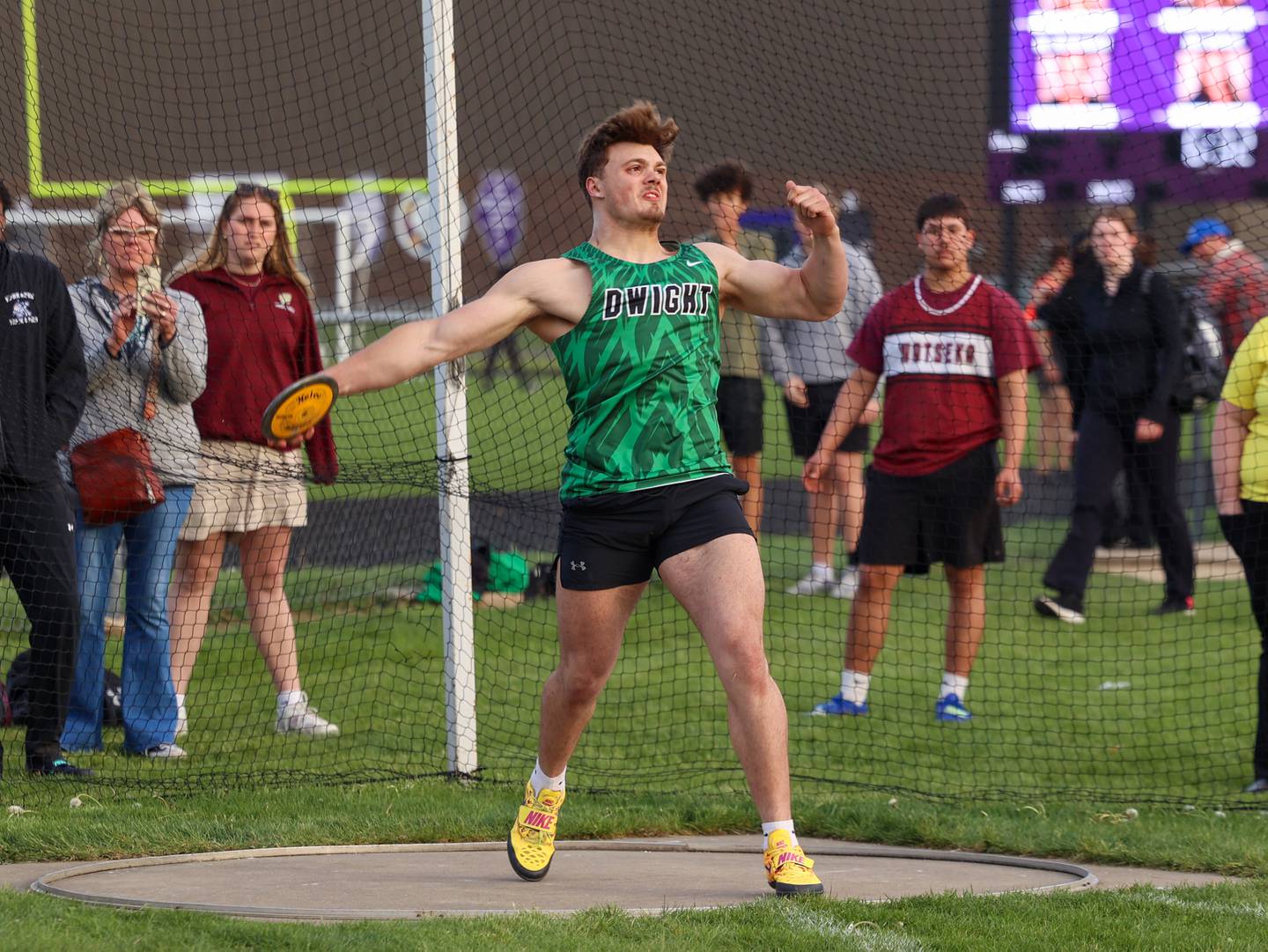 Dwight's Graham Meister throws discus during the Manteno Track Invite on Friday, April 24, 2026.