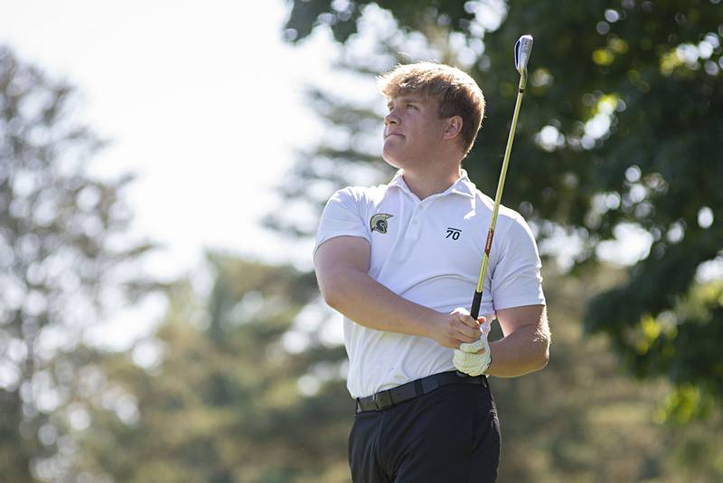 Sycamore’s Ethan Fischer tees off on no.11 at Emerald Hill in Sterling for the Class AA IHSA sectional golf meet.