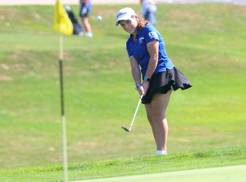 Princeton's Illyana Jones hits toward the 9th hole during the Class 1A Regionals on Tuesday, Sept. 30, 2025 at Spring Creek Golf Course in Spring Valley.