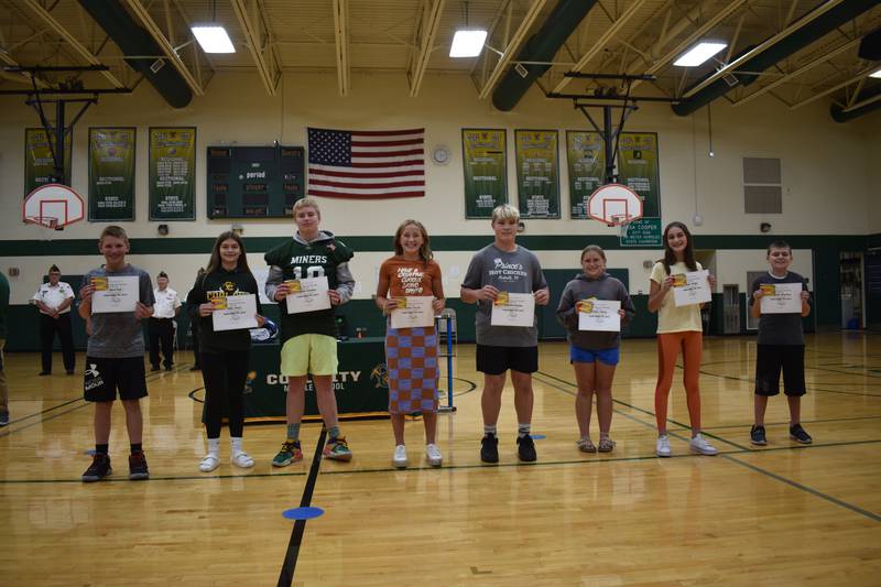 Eight Coal City Middle School students were selected by their teachers for displaying citizenship and responsibility in the first weeks of the school year. Recognized during the monthly PBS ceremony on Sept. 15 were (from left): Caleb Hall, Molly Jones, Gabriel Hamilton, Gianna Carver, Cash Wentenkamp, Penny D'Arcy, Pearl Friddle and Benjamin Manering.