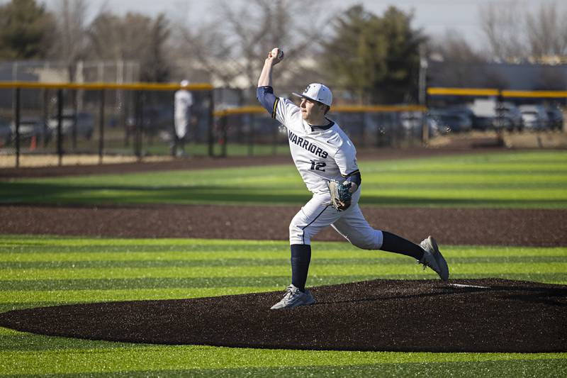 Sterling’s Drew Nettleton throws off the mound Monday, March 27, 2023 versus Lasalle-Peru.