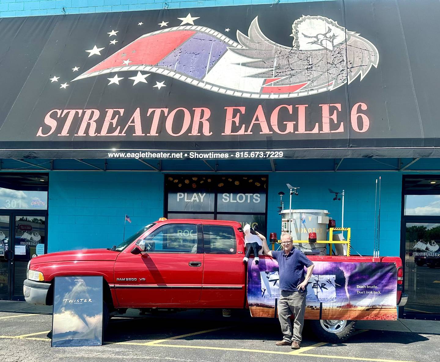 Owner Eric Gubelman in front of a replica truck from the movie "Twisters" at Streator Eagle 6 movie theater. (Photo Provided by Jamie Winders)