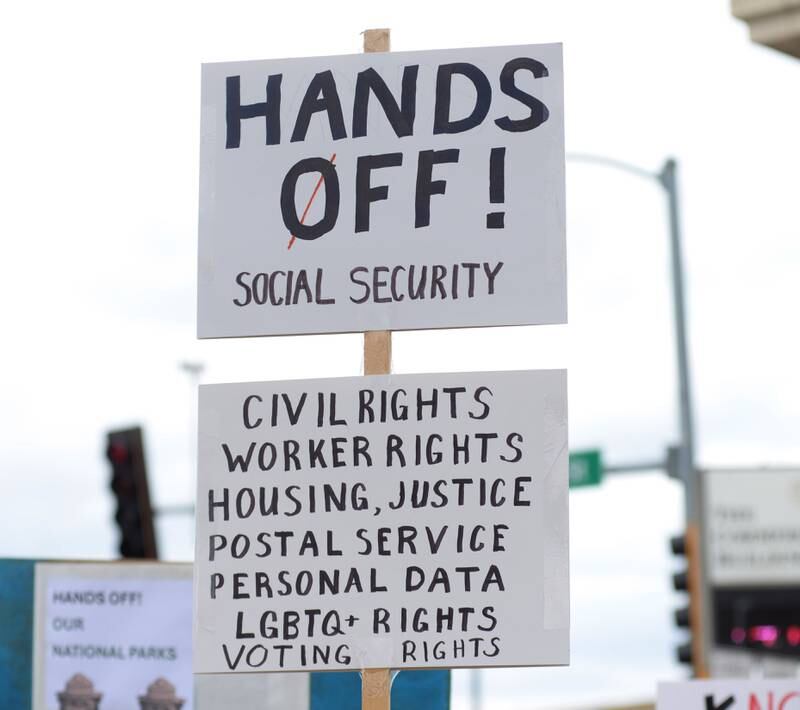 This was one of the signs at the Hands Off rally held around the historic Ogle County Courthouse in Oregon on Saturday, April 5, 2025. Around 400 people attended the afternoon demonstration to show their dissatisfaction with recent decisions and actions by President Donald Trump.