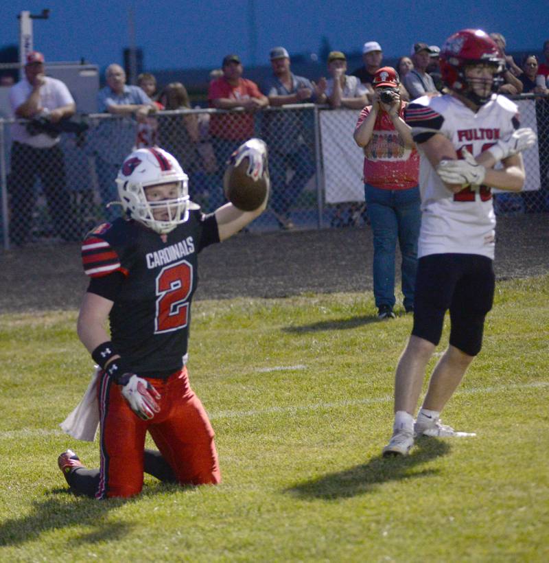 Forreston's Connor Politsch (2) celebrates after catching a pass for a touchdown against Fulton on Friday, Sept. 12, 2025.
