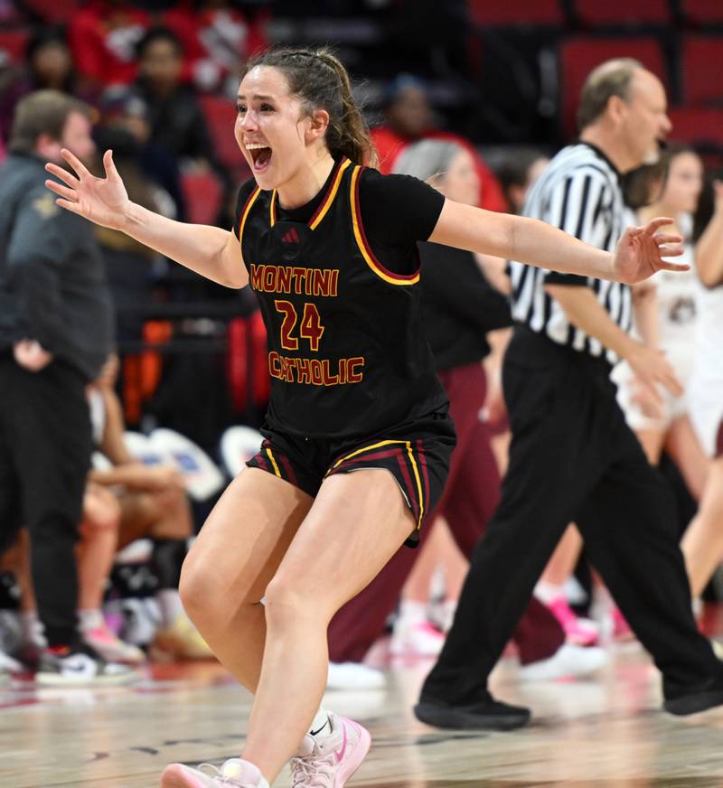 Montini's Peyton Farrell celebrates the Broncos’ 50-44 victory over St. Ignatius during the IHSA Class 3A girls state basketball championship game at CEFCU Arena on Saturday, March 8, 2025 in Normal.