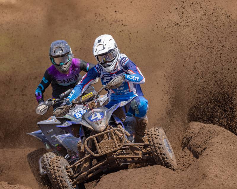 ATVMX pro rider Bryce Ford fights to hold off the attack from Mason Jackson who was directly behind during the ATVMX Championship race on May 24, 2025 at Sunset Ridge MX in Walnut.