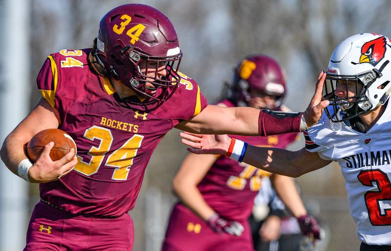 Richmond-Burton's Brock Wood fends off Stillman Valley's Madix Barrett during their IHSA Class 4A playoff game on Saturday, Nov. 6, 2021 in Richmond