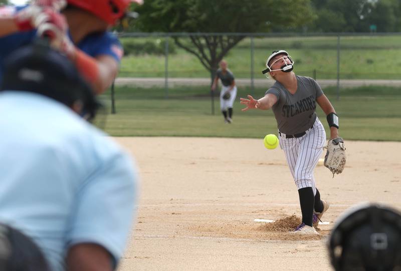 Sycos' Makayla Jonutz delivers a pitch Friday, June 27, 2025, during their 16u game against Select Fastpitch in the Storm Days tournament at the Sycamore Community Sports Complex.