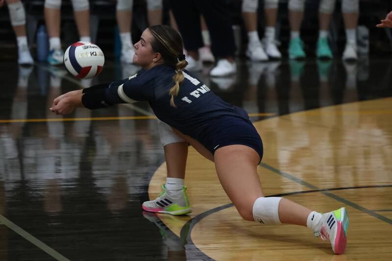 Lemont’s Nora Miller gets the dig against St. Laurence in the Class 3A St. Laurence Sectional championship on Thursday, Nov. 7, 2024 in Burbank.