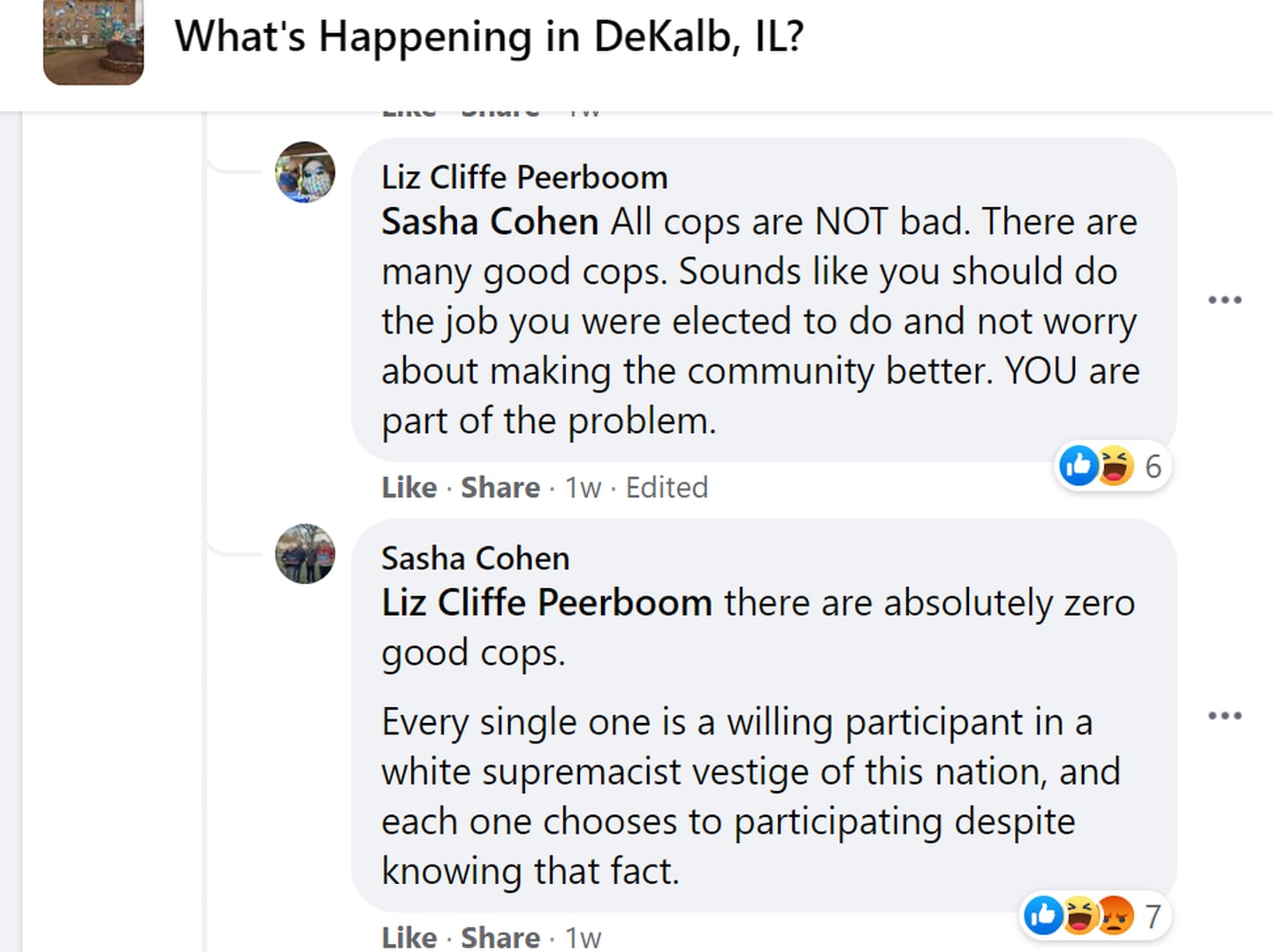 DeKalb City Clerk Sasha Cohen’s public apology came after DeKalb area residents expressed concerns this month in community social media groups about Cohen posting criticisms about police and writing “ACAB,” an acronym meaning “all cops are bastards,” in public social media posts as a public official. (Screenshot by Daily Chronicle on 8.24.21)