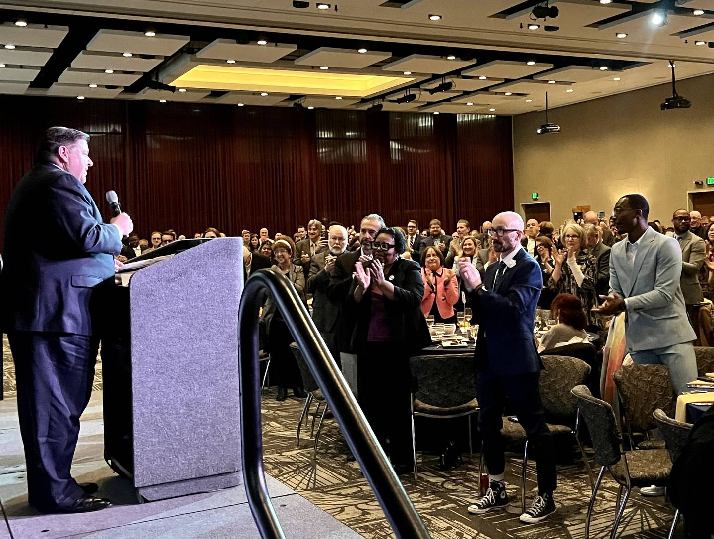 Gov. JB Pritzker elicited a standing ovation from supporters at the 2025 Truman Dinner fundraiser in St. Charles, hosted by the Kane County Democrats.