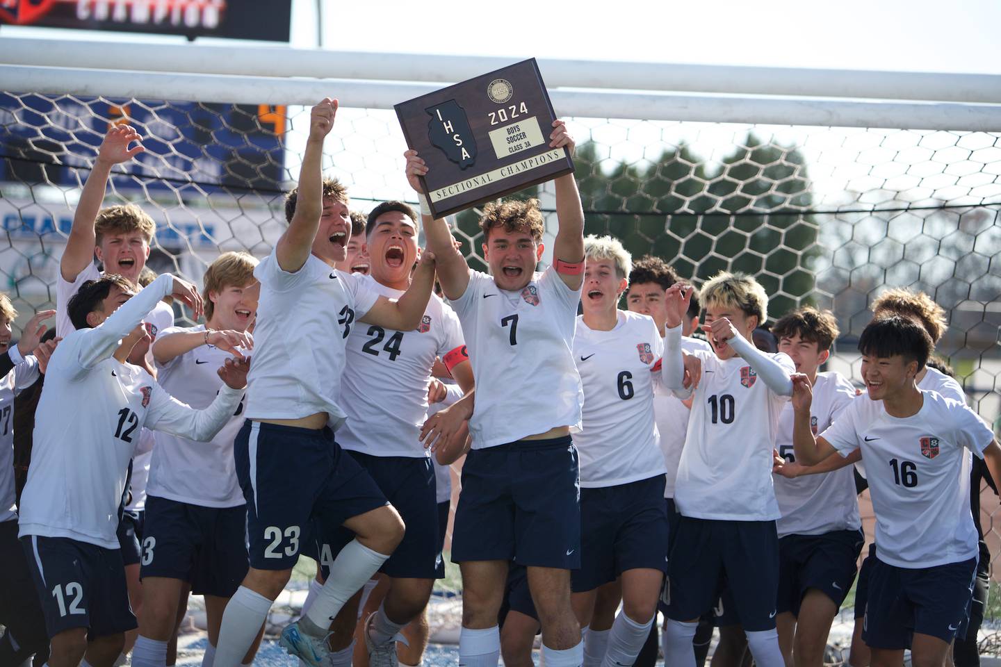 Conant celebrates the victory over Geneva at the Class 3A St. Charles North Sectional Final on Saturday, Nov.2,2024 in St. Charles.