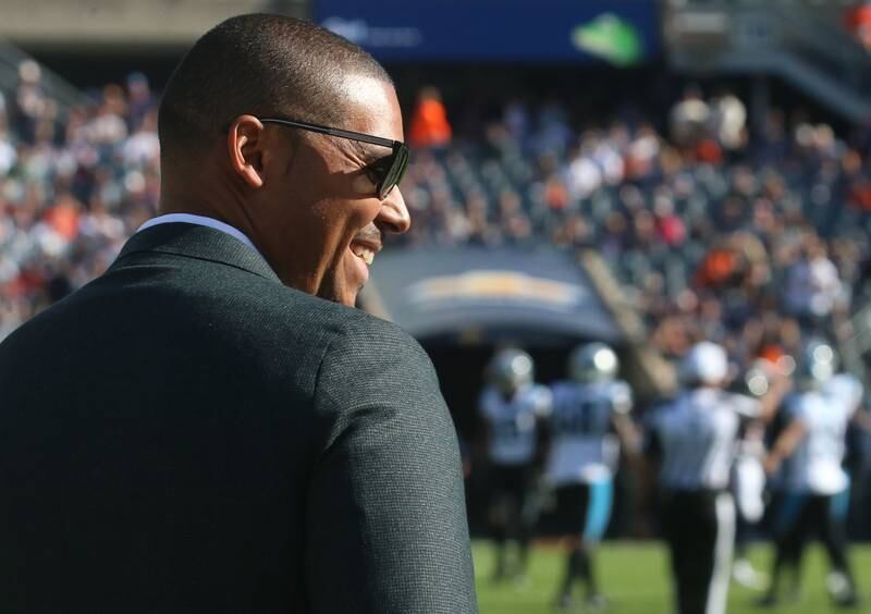 Chicago Bears general manager Ryan Poles smiles as the Bears play the Carolina Panthers on Sunday, Oct. 6, 2024 at Soldier Field in Chicago.