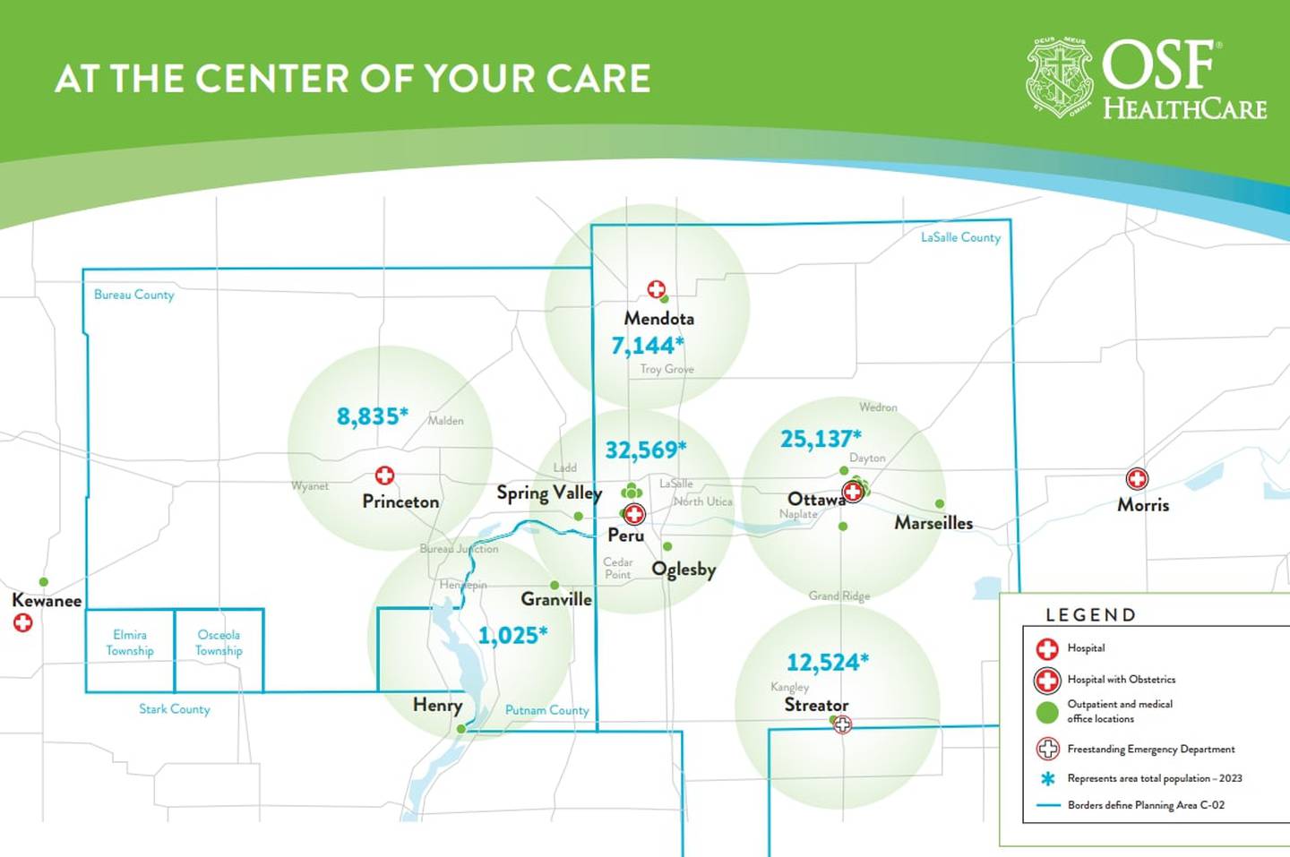 Map provided by OSF HealthCare showing the regional coverage area served by its Peru hospital compared with surrounding communities such as Ottawa, Streator, Marseilles, Princeton, and Mendota.