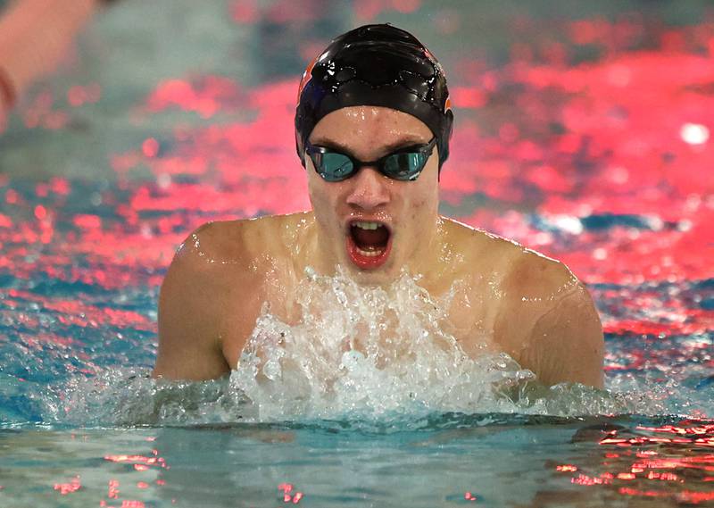 DeKalb-Sycamore co-op swimmer Logan Borth competes in the varsity 200 yard individual medley Thursday, Jan. 23, 2025, during their meet against Metea Valley at the Huntley Middle School Pool in DeKalb.