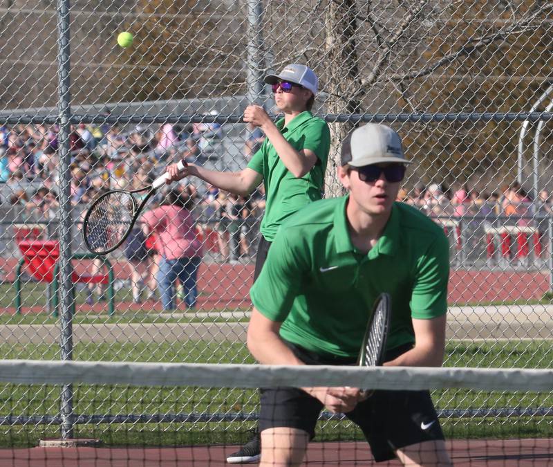 L-P number one doubles team players John and Michael Milota play tennis against Ottawa on Tuesday, April 11, 2023 at the L-P Athletic Complex in La Salle.