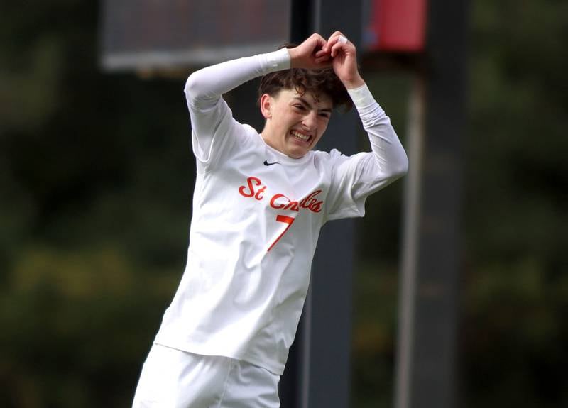 St. Charles East’s Sam Arville reacts after scoring a goal  in IHSA Class 3A Regional Championship soccer at Dundee-Crown High School in Carpentersville on Saturday, October 25, 2025.