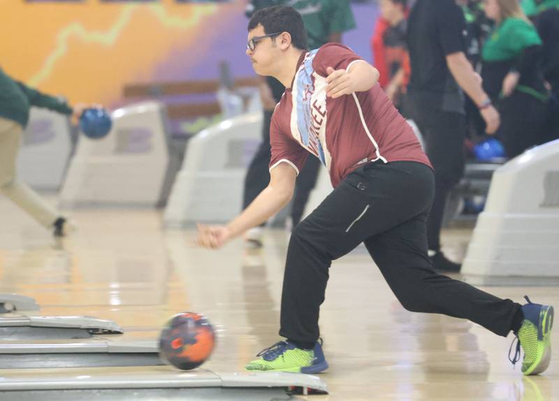 Kankakee's Carson Meister bowls on Friday, Jan. 16, 2026 at the Illinois Valley Super Bowl in Peru.