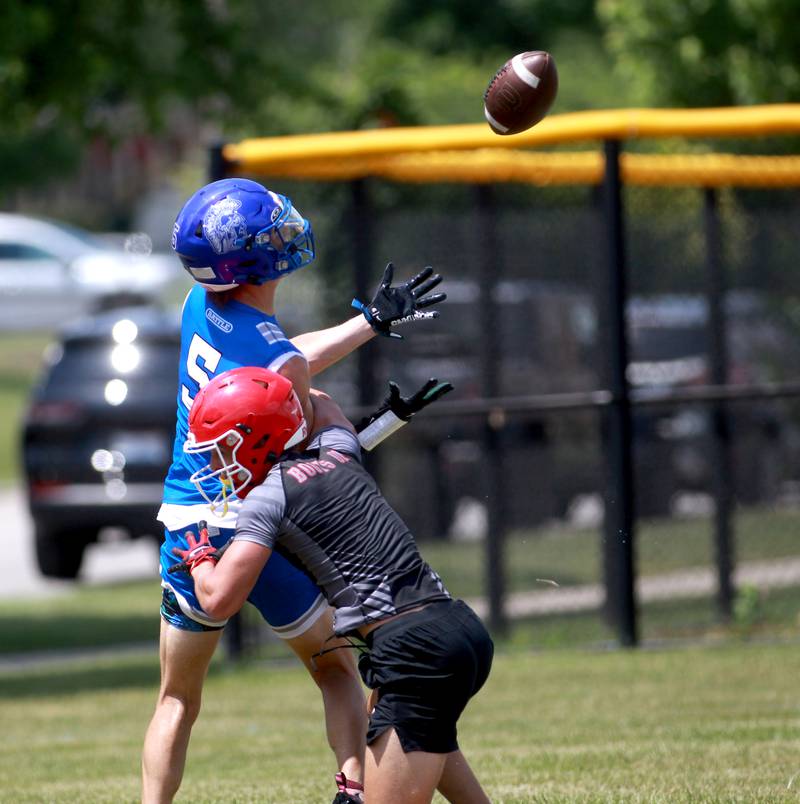St. Francis’ Zach Washington goes up for the catch during a 7 on 7 tournament on Thursday, June 26, 2025 at Naperville North.