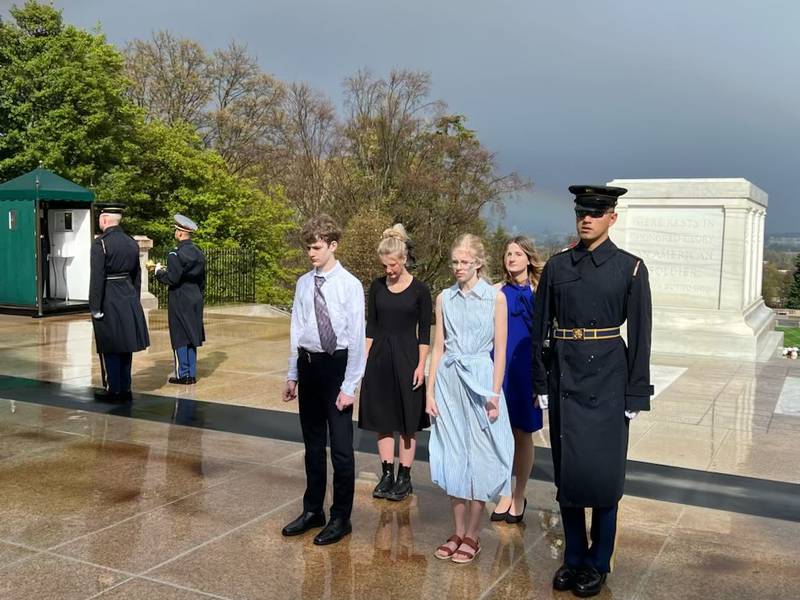 Princeton Christian Academy's Nolan Claussen (left), Brooke Claussen, Annalise Baker and Lydia Hardy took part of the wreath laying ceremony at the Tomb of the Unknown Soldier at Arlington National Cemetery on Thursday.