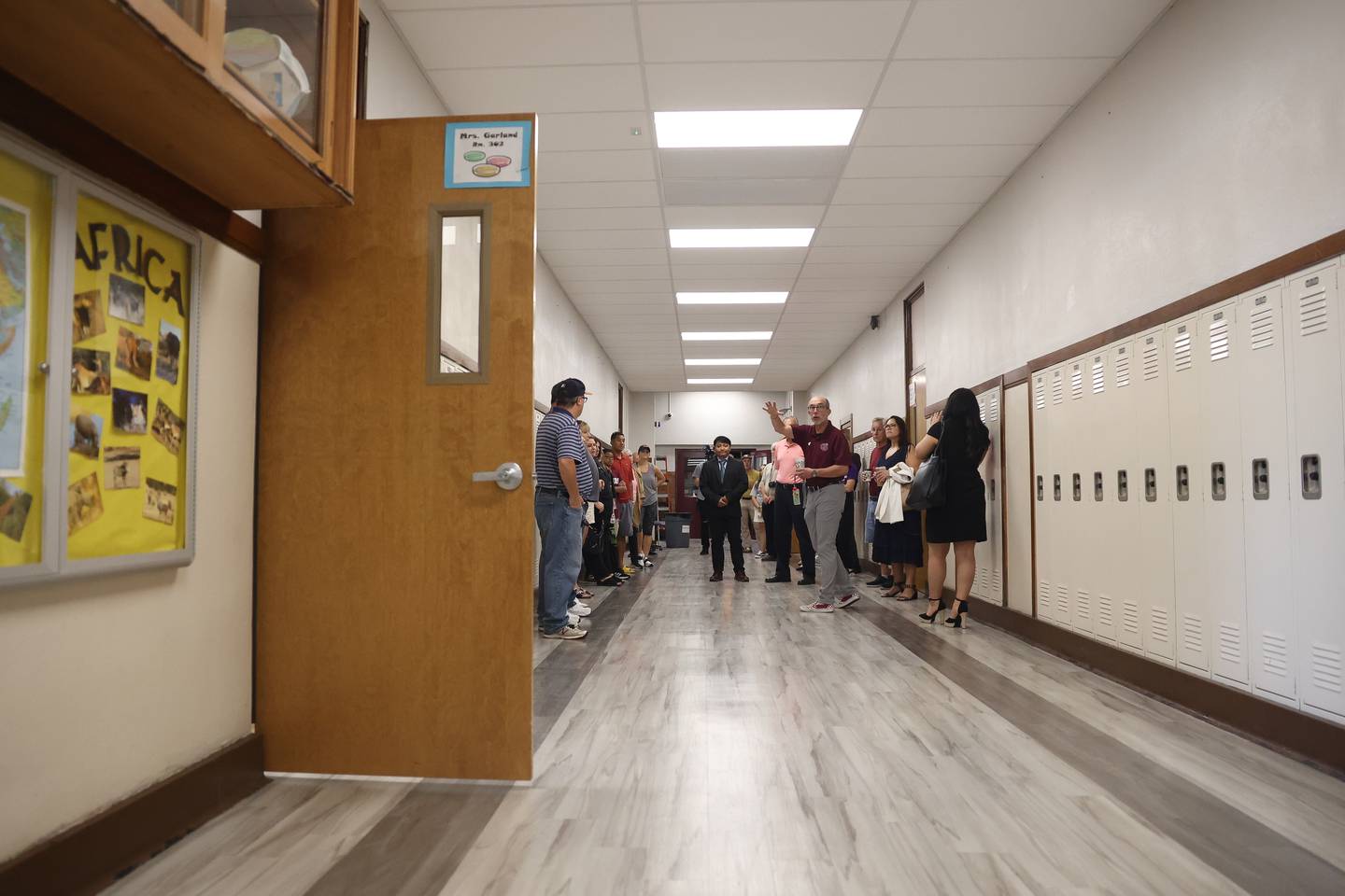 Lockport Township High School District 205 Superintendent Dr. Robert McBride talks about the new ceilings during a tour at the reopening celebration of the Lockport High School Central Campus on Friday, Aug. 16, 2024.