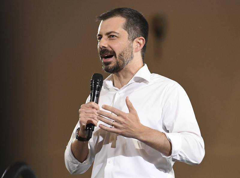 Former U.S. Secretary of Transportation Pete Buttigieg speaks during a VoteVets Town Hall, Tuesday, May 13, 2025, in Cedar Rapids, Iowa. (AP Photo/Cliff Jette)