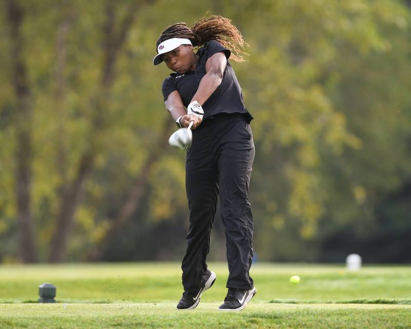 Alesia Haynes of Plainfield North tees off during the Southwest Prairie conference meet on Wednesday Sept. 24, 2025, held at Blackberry Oaks Golf course in Bristal.