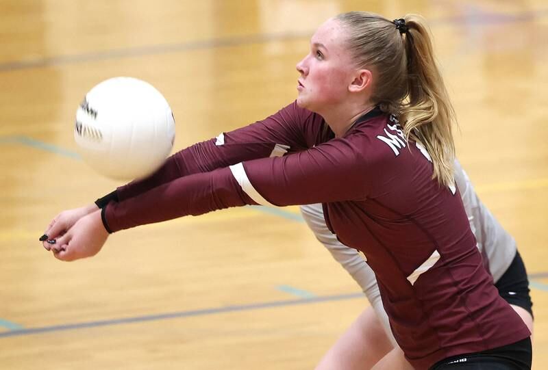 Marengo's Madalyn Mardock bumps the ball Thursday, Oct. 27, 2022, during their Class 2A Regional final match against Genoa-Kingston at Rosary High School in Aurora.