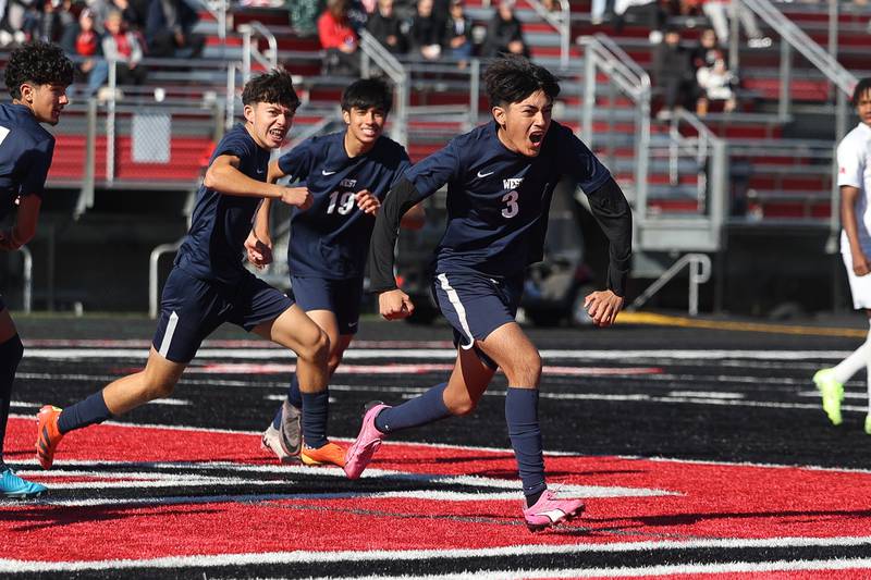 West Aurora’s Diego Munoz celebrates a first half goal against Bolingbrook in the Class 3A Bolingbrook Regional championship match on Saturday, Oct. 26, 2024 in Bolingbrook.