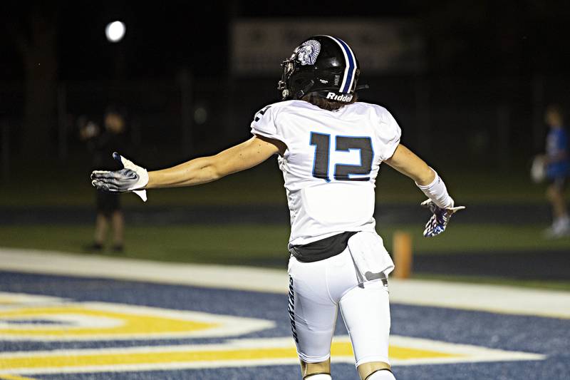 St. Francis’ Dario Milivojevic celebrates a late first half touchdown against Sterling Friday, Sept. 1, 2023 at Sterling High School.