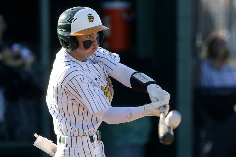 Crystal Lake South’s Xander Shevchenko connects with the ball during a Fox Valley Conference baseball game on Monday, April 8, 2024, at Crystal Lake South High School.