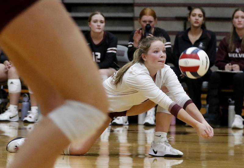 Prairie Ridge's Tegan Vrbancic digs the ball during the IHSA Class 3A Prairie Ridge Regional championship volleyball match against Crystal Lake South on Thursday, Oct. 30, 2025, at the Prairie Ridge High School in Crystal Lake.