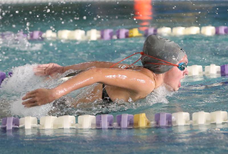 L-P co-op's Finley Jobst competes in the 100 yard butterflyon Tuesday, Oct. 8, 2024 at the Illinois Valley YMCA in Peru.