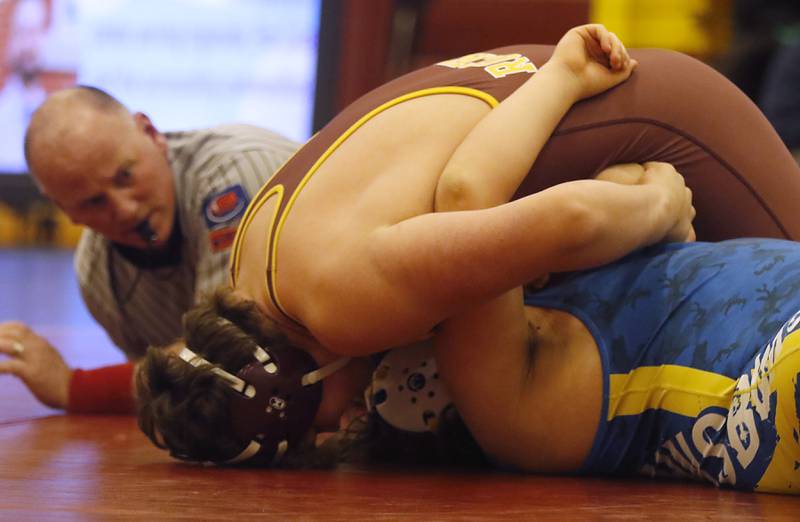 Richmond-Burton's Colin Kraus pins Johnsburg's Dylan Hernandez during the 285-pound match of a Kishwaukee River Conference wrestling match on Thursday, Jan. 25, 2024, at Richmond-Burton High School.