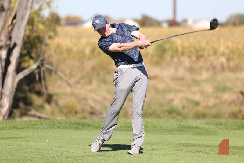 Lemont’s Andrew Barwick tees off the seventh hole in the Class 2A Lemont Boys Golf Sectional on Monday, Oct. 7, 2024 at Wedgewood Golf Course in Lemont.