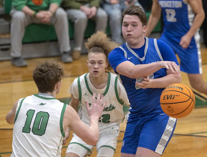 Princeton’s Jordan Reinhardt makes a pass against Rock Falls Saturday, Jan. 4, 2025, at the Rock Falls Shootout.