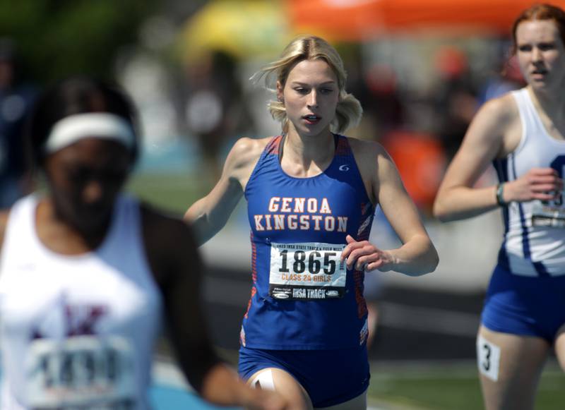 Genoa-Kingston’s Ellie Logsdon competes in the 2A 400-meter dash during the IHSA State Track and Field Finals at Eastern Illinois University in Charleston on Saturday, May 20, 2023.