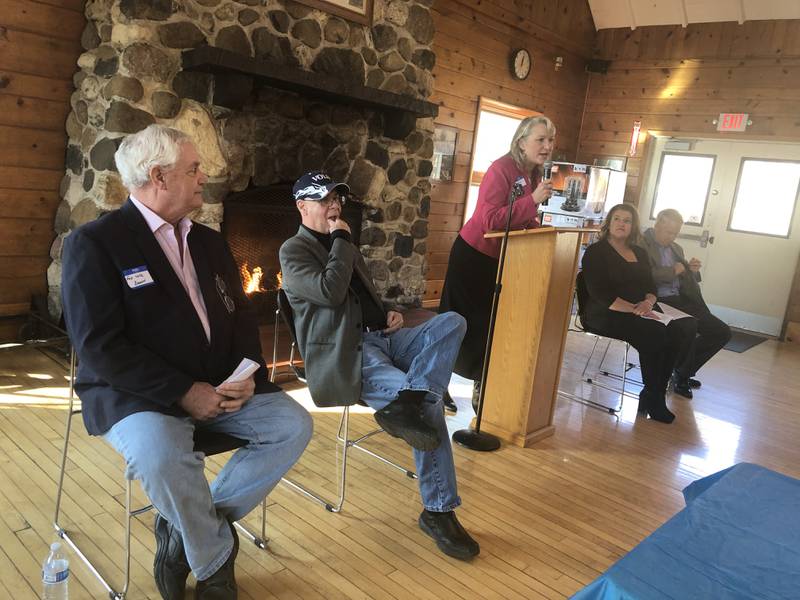 The Chain O' Lakes Area Chamber of Commerce first State of the Village Luncheon invited village presidents to update chamber members on their towns on Tuesday, Jan. 10, 2023. Shown, from left, are Fox Lake's Donny Schmit, Volo's Steve Henley, Chamber member Kathrine Violett, Richmond's Toni Wardanian, and Spring Grove's Mark Eisenberg.