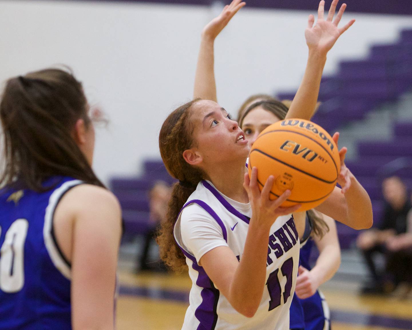 Mikala Amegasse puts the shot up against Geneva on Friday, Nov.22.2024 in Hampshire.