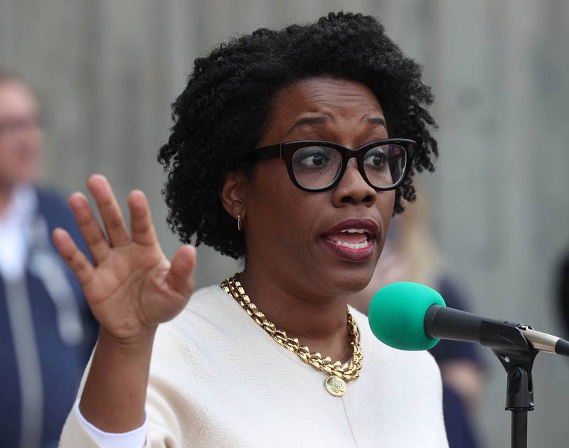 U.S. Rep. Lauren Underwood, D-Naperville, speaks Wednesday, April 23, 2025, during a rally to support Northern Illinois University’s international students, faculty and staff. The event was held in front of Founders Memorial Library at NIU in DeKalb.