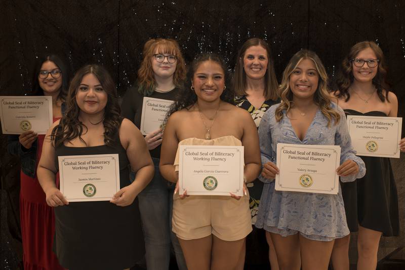 The Global Seal Functional and Working Fluency recipients at Hall High School are Gaby Romero, Lauren Hogan, Katie Lawrence (teacher), Haylie Pellegrini, (front) Jasmin Martinez, Angela Garcia-Guerrero and Valery Arzaga. Not pictured are Alyssa Flores, Blake Lusk, Evelin Martinez-Prado, Melissa Rosas and Sofi Serpico.
