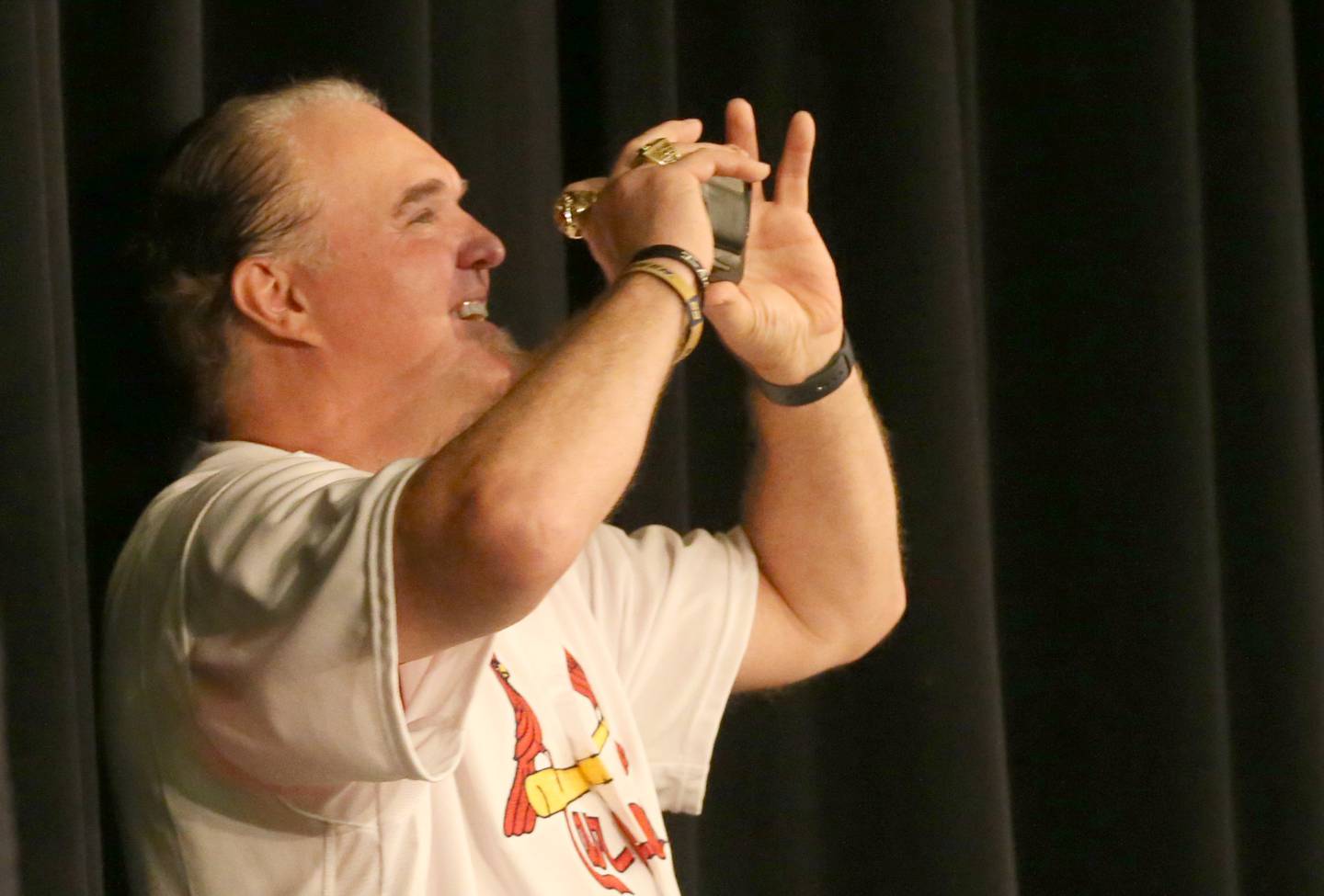 Former Major League Baseball infielder Scott Spiezio taks a photo while speaking to students in Matthiessen Auditorium on Wednesday, Oct. 24, 2024 at La Salle-Peru Township High School.