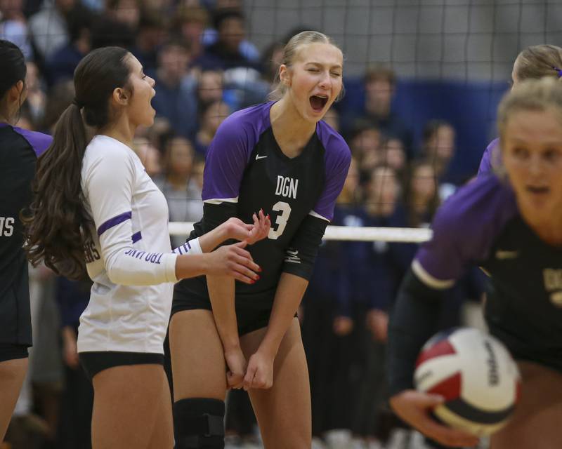 Downers Grove North's Sienna Shelton (3) reacts after scored point during Class 4A Lyons Sectional Semifinal volleyball match between Downers Grove South at Downers Grove North. Nov 4, 2025 in La Grange.