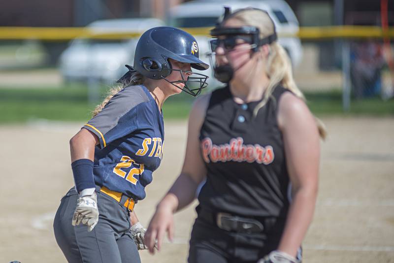 Sterling’s Elizabeth Palumbo rounds third and scores on a double by Sienna Stingley Monday, April 9, 2022 against United Township.