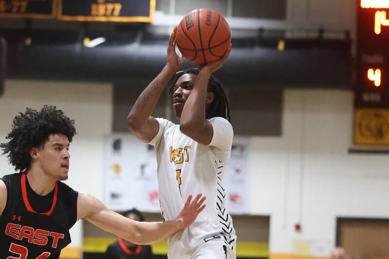 Joliet West’s Brilan Townsend puts up a shot against Plainfield East on Friday, Dec. 8th, 2023 in Joliet.