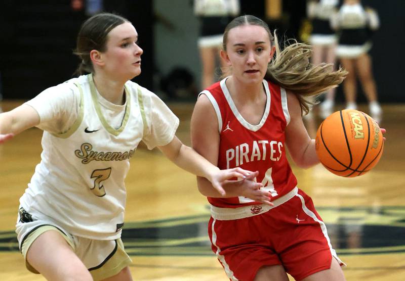 Ottawa's Ashlynn Ganiere drives against Sycamore's Sydney Fabrizius during their game Friday, Jan. 10, 2025, at Sycamore High School.