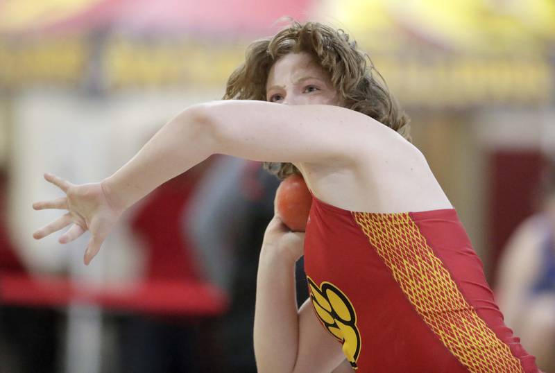 Batavia's Lily Newkirk competes in the shot put during the DuKane Girls Indoor Championship track meet Friday, March 18, 2022 in Batavia.