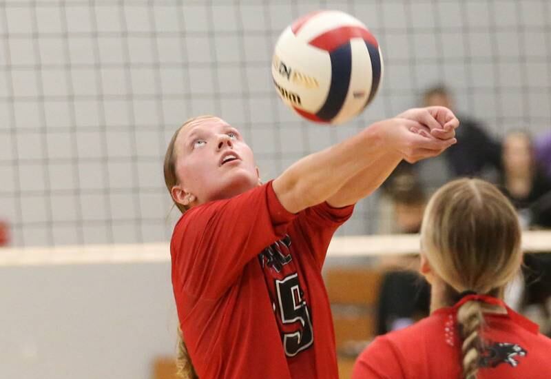 Erie-Prophetstown's Kaylee Keegan sends the ball back to the Seneca side of the net in the Class 2A Sectional semifinal game on Tuesday, Nov. 5, 2024 at Bureau Valley High School.